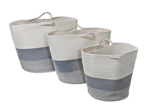 3-Piece Round Nesting Cotton Rope Hamper with Handle in Grey and White