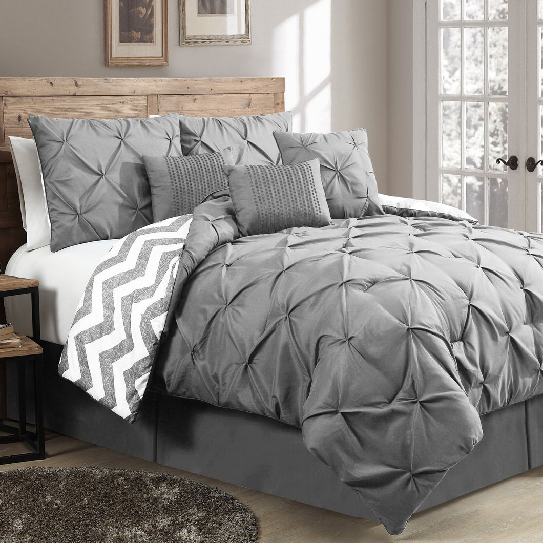 Queen Comforter + 6 Additional Pieces Grey and Off-White Microfiber Reversible Comforter Set